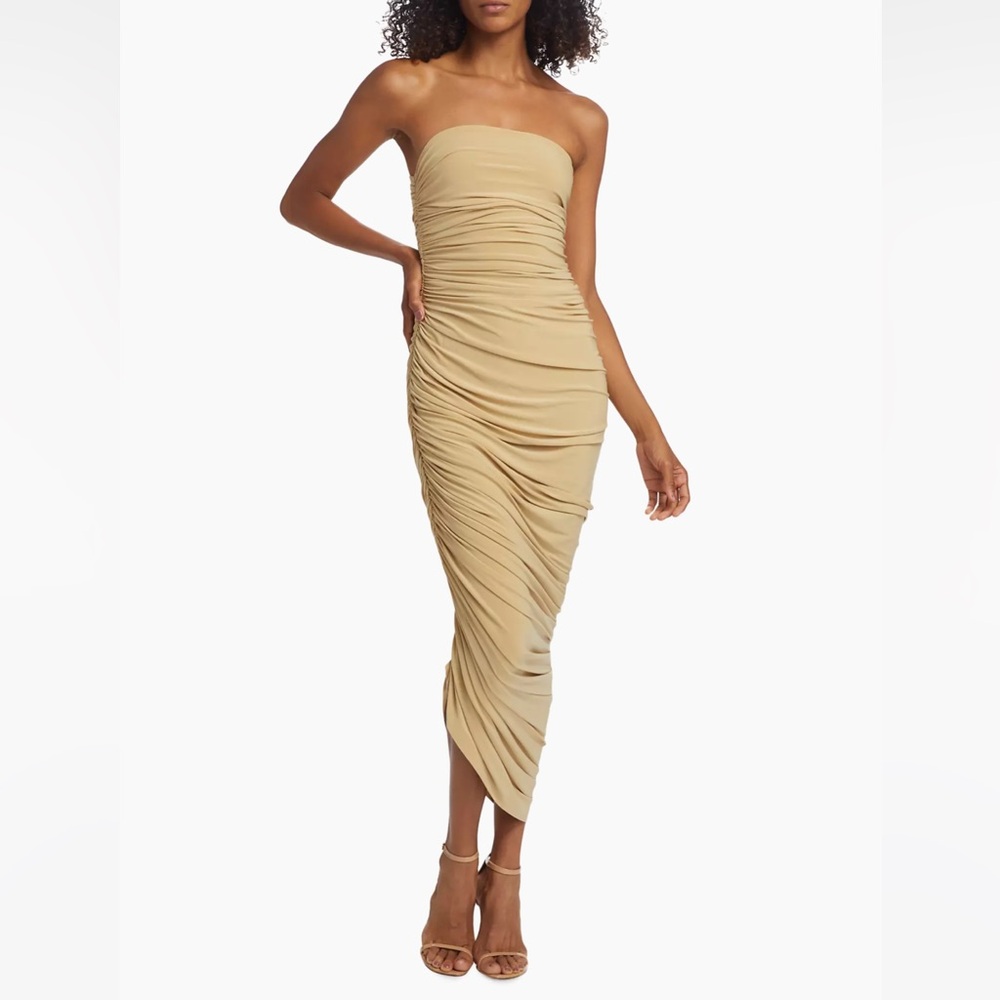 Norma Kamali Tan Asymmetrical Ruched Midi Dress